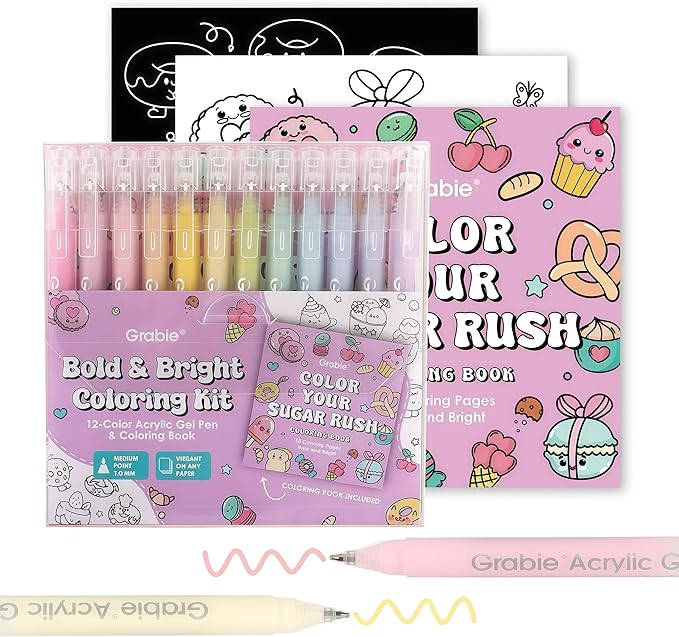 Grabie 12Colors Acrylic Gel Pens&Coloring Book, Medium Point Colored Gel Pens by Grabie