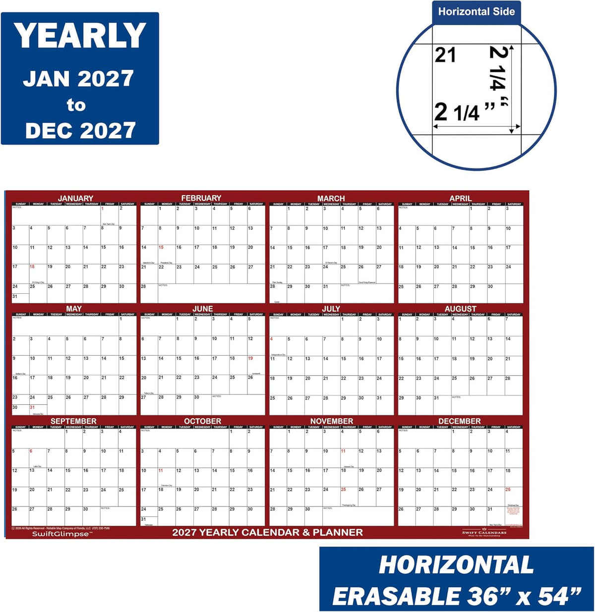 36" x 54" SwiftGlimpse 2027 Wall Calendar Erasable Large Wet & ...