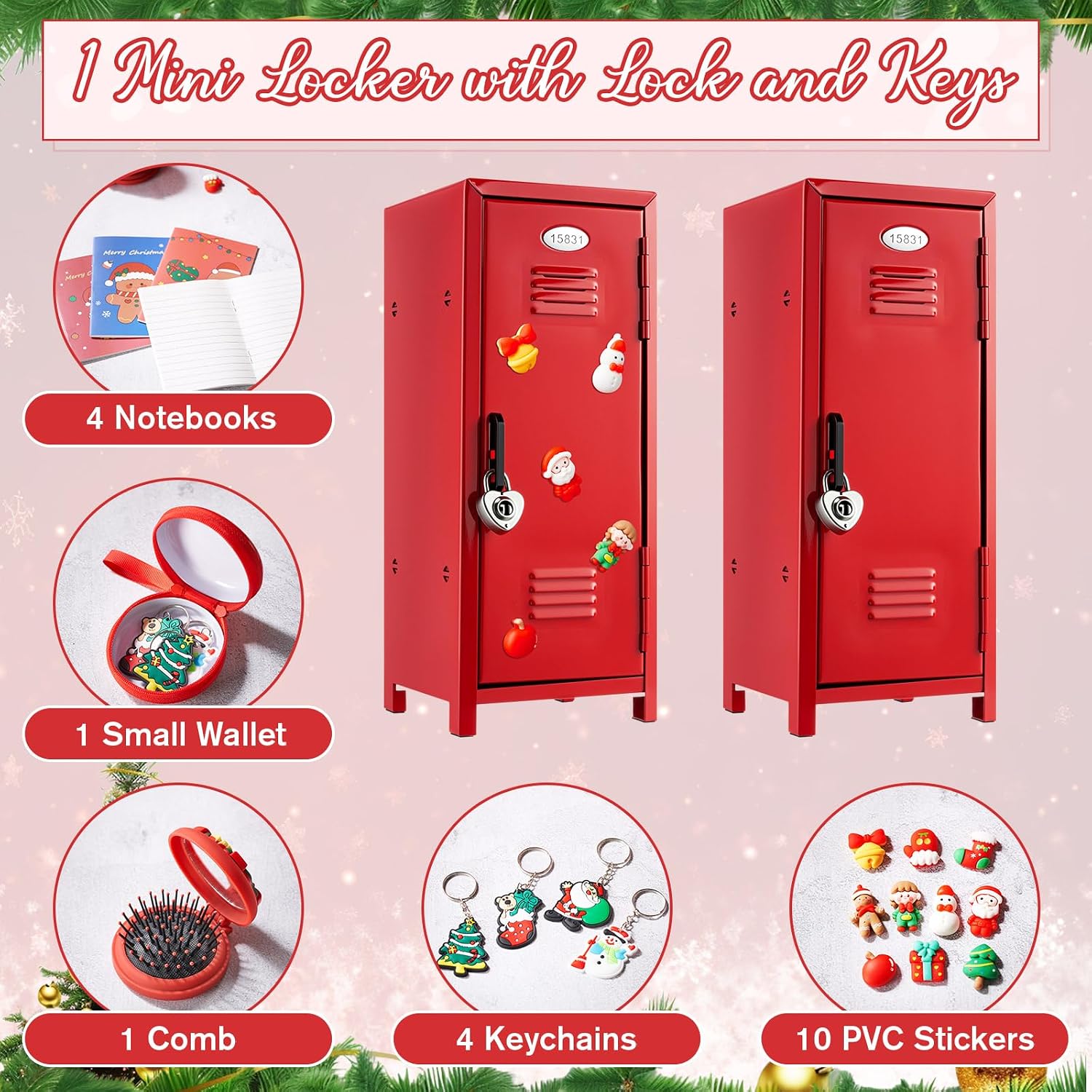 Vercraft 12 Pcs Mini Locker 10.8 Inch with Lock and Keys,Red,Santa | Desktop Organizer for Girls Bedroom, Secure Storage for Trinkets, Includes Animal Keychains Mirror Comb, Littles Collectible