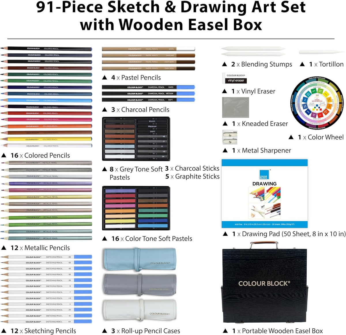 colour block 91-pc sketching & drawing set in, close-up detail