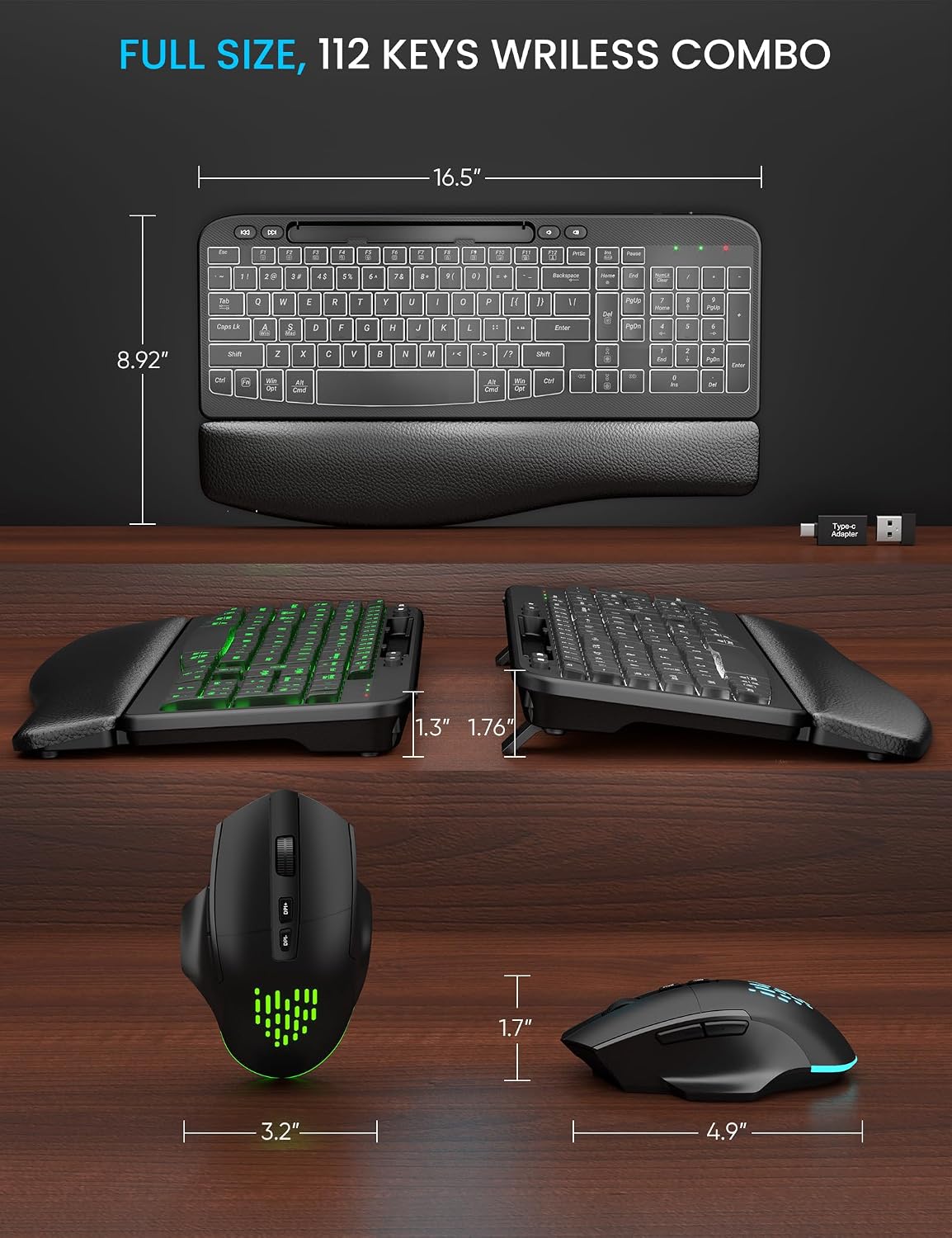 SABLUTE Wireless Keyboard and Mouse Combo, Ergonomic Wave with Wrist Rest