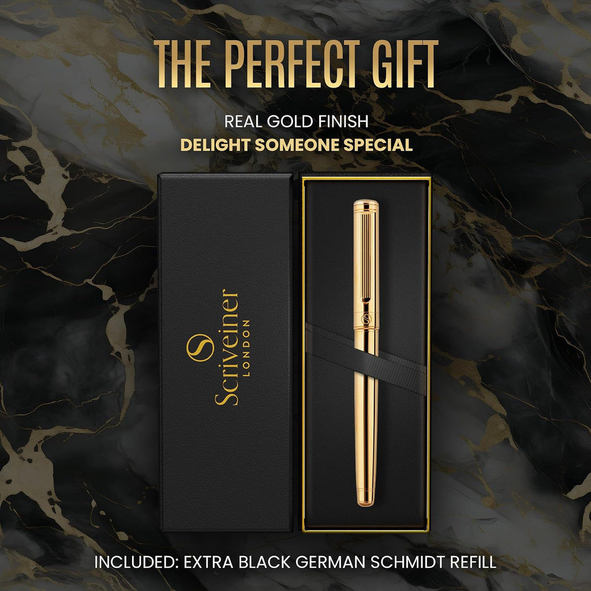 Scriveiner Gold Rollerball Pen - Stunning Luxury Pen, Real Gold Plating, Schm...