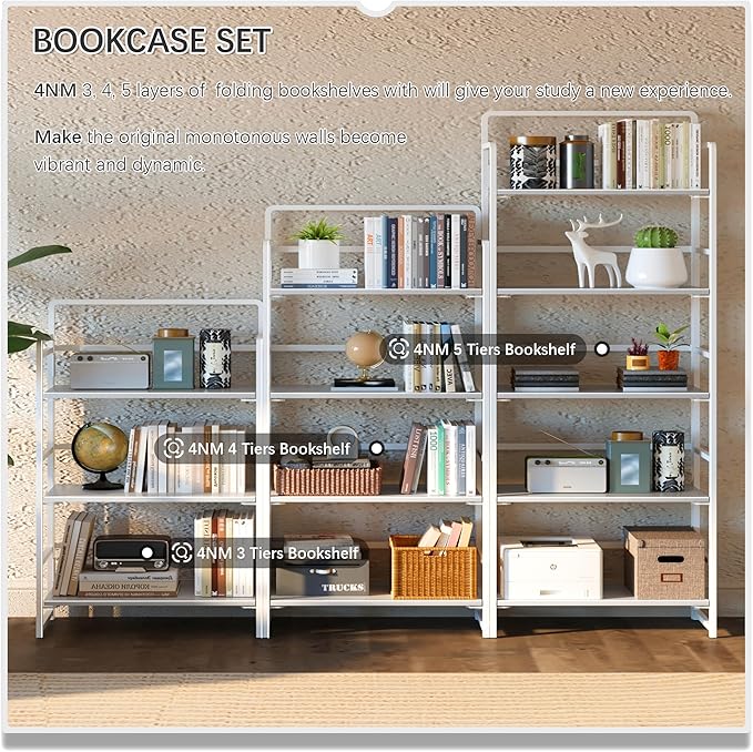 4NM No Assembly 5 Tiers Folding Bookshelf Storage Shelves Vintage Bookcase - Image 5
