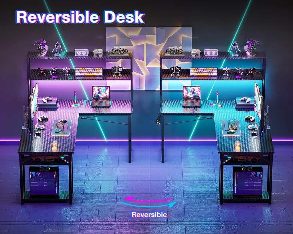ODK 53 Inch L Shaped Gaming Desk with Hutch & Headphone Hook | Black Corner Computer Table with LED light & Storage Shelves for Home Office