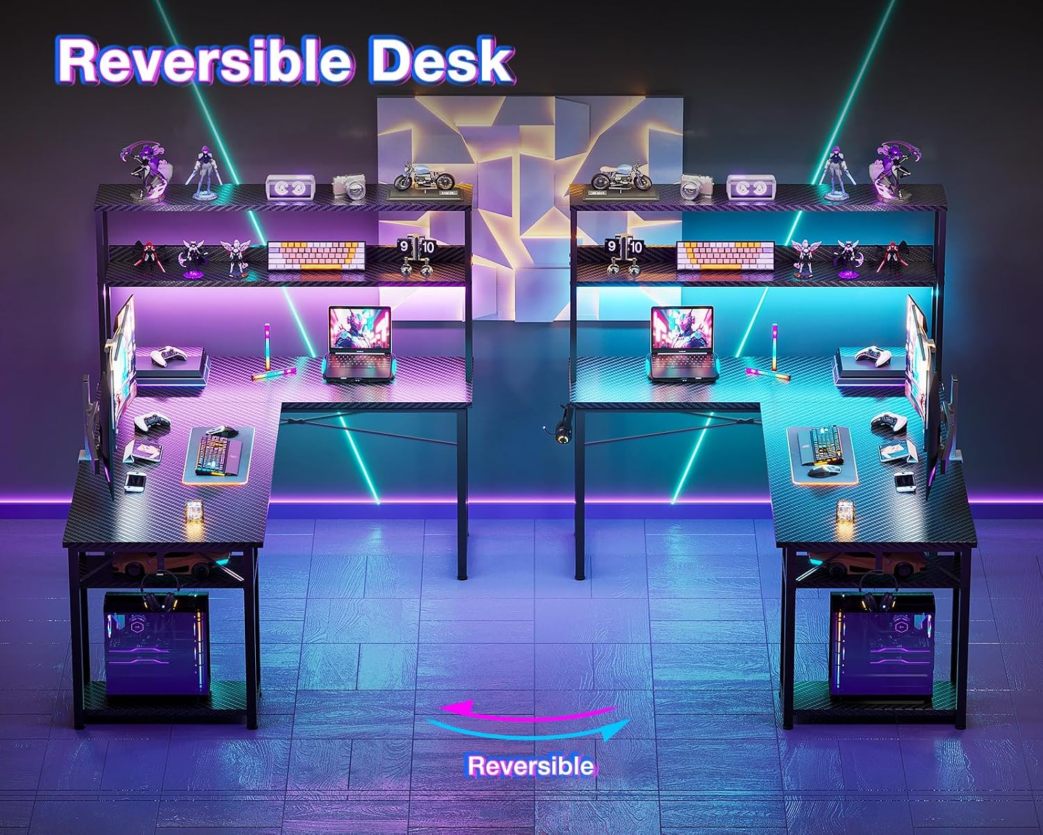 ODK 53 Inch L Shaped Gaming Desk with Hutch & Headphone Hook | Black Corner Computer Table with LED light & Storage Shelves for Home Office