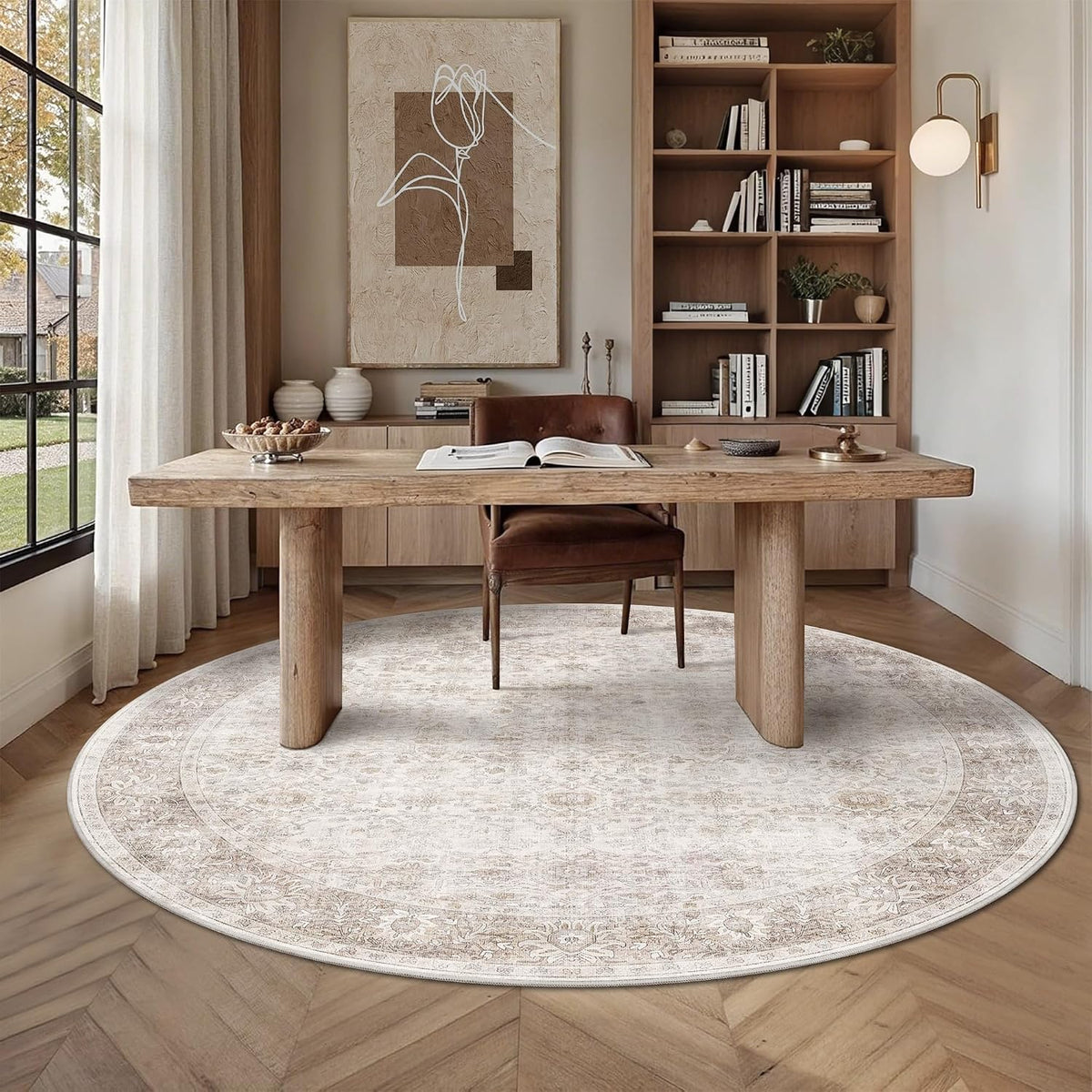Round Rug 6ft Neutral Vintage Washable Circle Rug for Entryway Kitchen