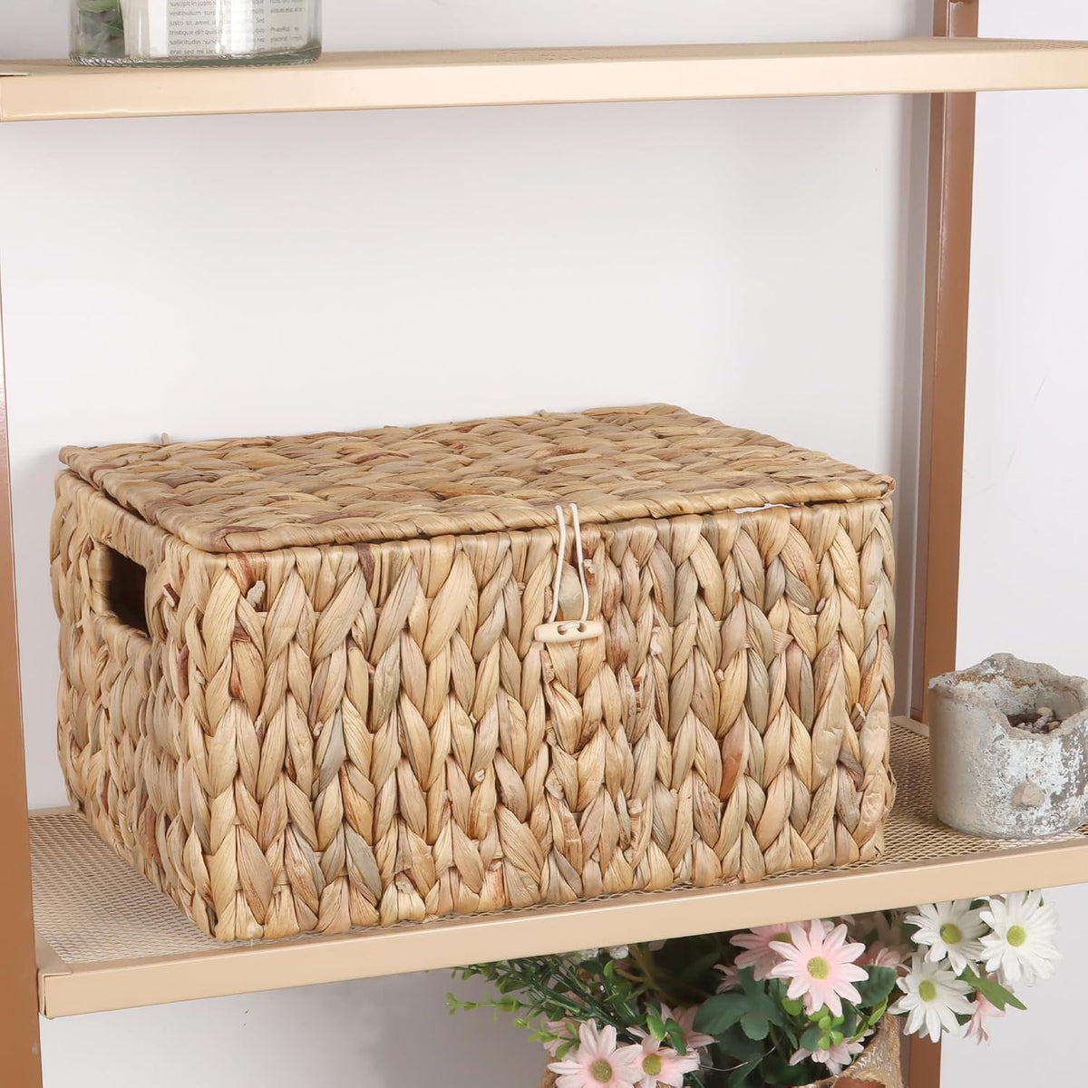 Moosky Wicker Shelf Baskets with Lid, Rectangular Storage Basket Bins with Ha...