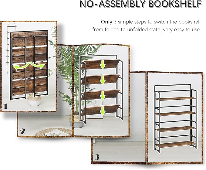 4NM No Assembly Extra Wide 4 Tiers Folding Bookshelf Storage Shelves Vintage - Image 6