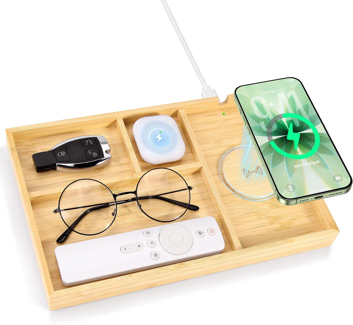 Bamboo Valet Tray with Dual Wireless Charger - EDC Nightstand Organizer for M...
