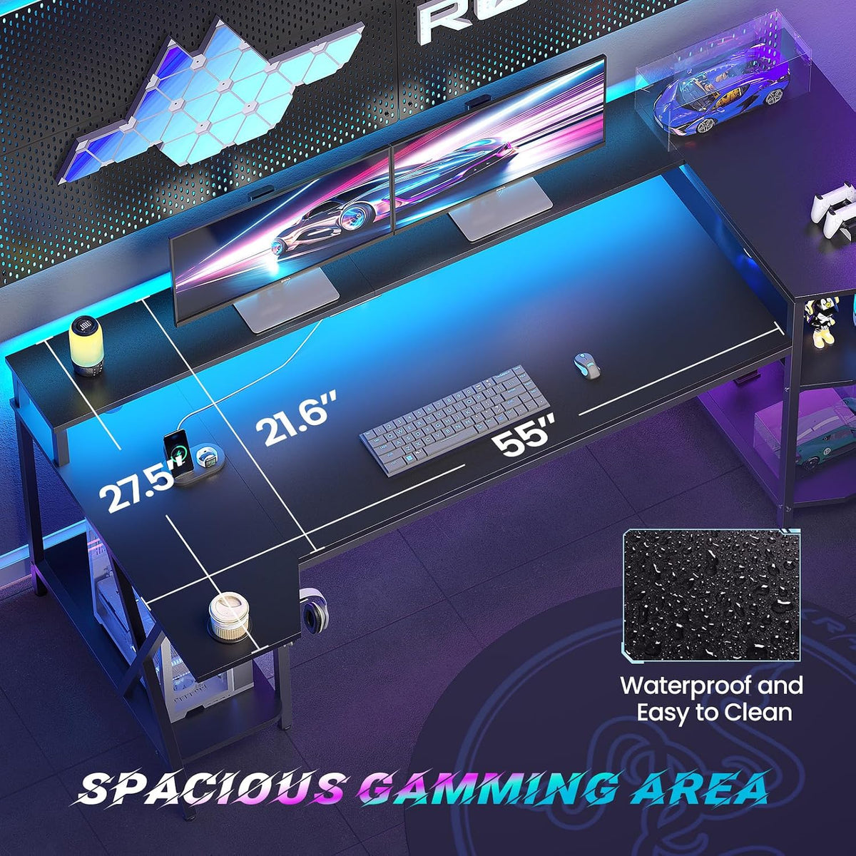 SEDETA Gaming Desk 70.8'' with LED Lights, Storage Shelves,Power Outlets