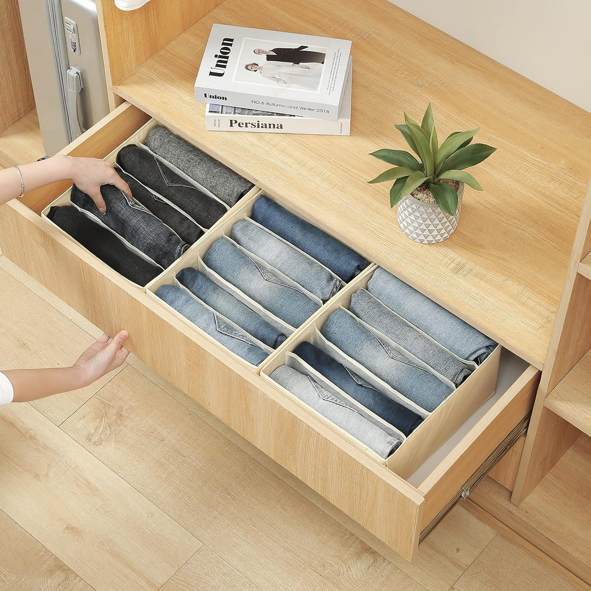 Qozary Jeans Pants Organizer for Closet, 4 Pack Drawer Organizers for Clothin...
