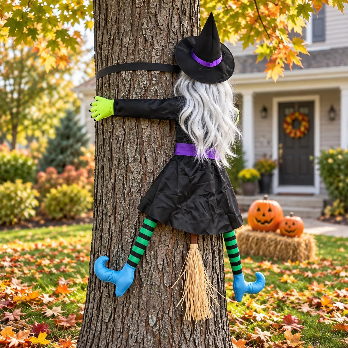 Halloween Decoration Outdoor, Tree Hugging Witch with Silver Gray Hair