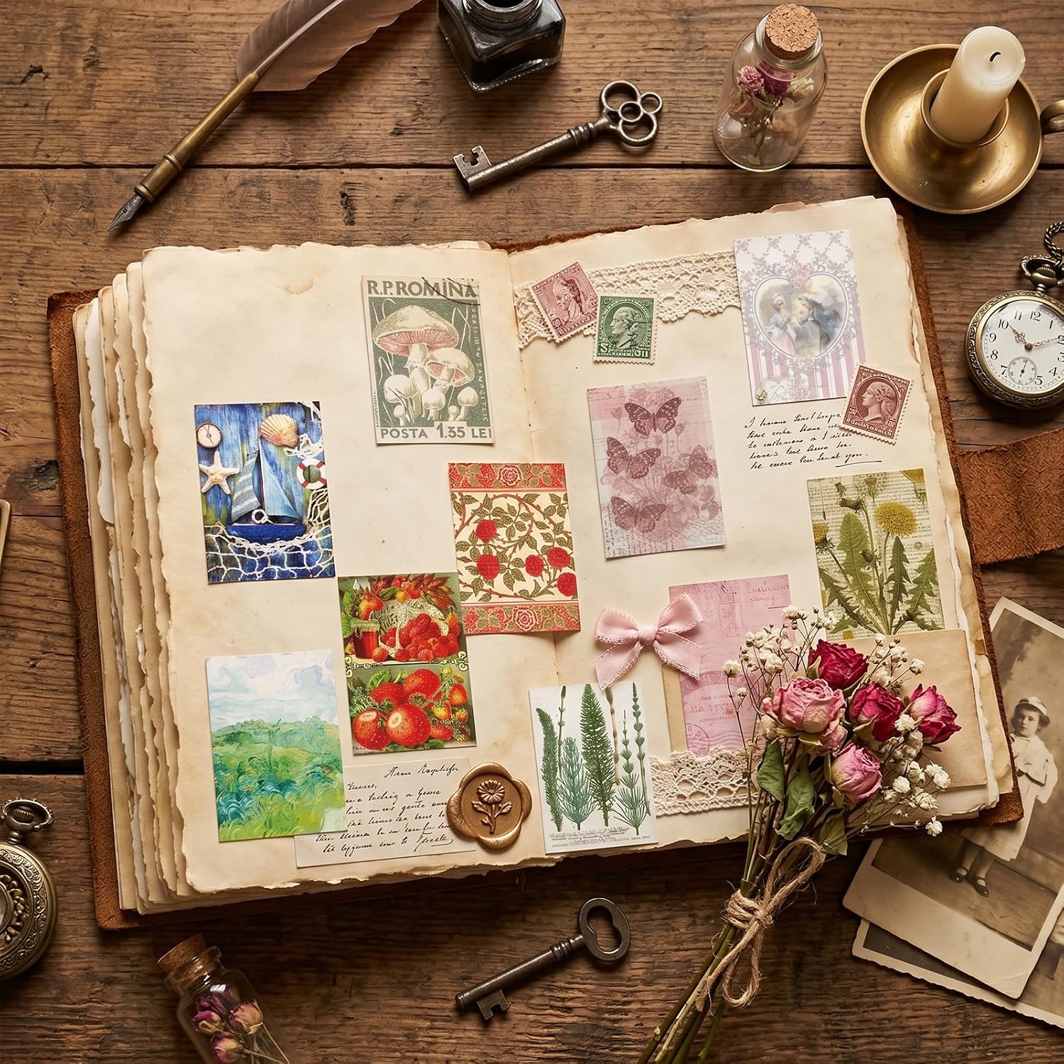 Vintage Washi Sticker Book, 300 PCS Scrapbooking and Journaling Stickers | 300 PCS Vintage Washi Paper Stickers for Journaling, Scrapbooking, Travel Albums, Planners, Junk Journals and DIY Crafts