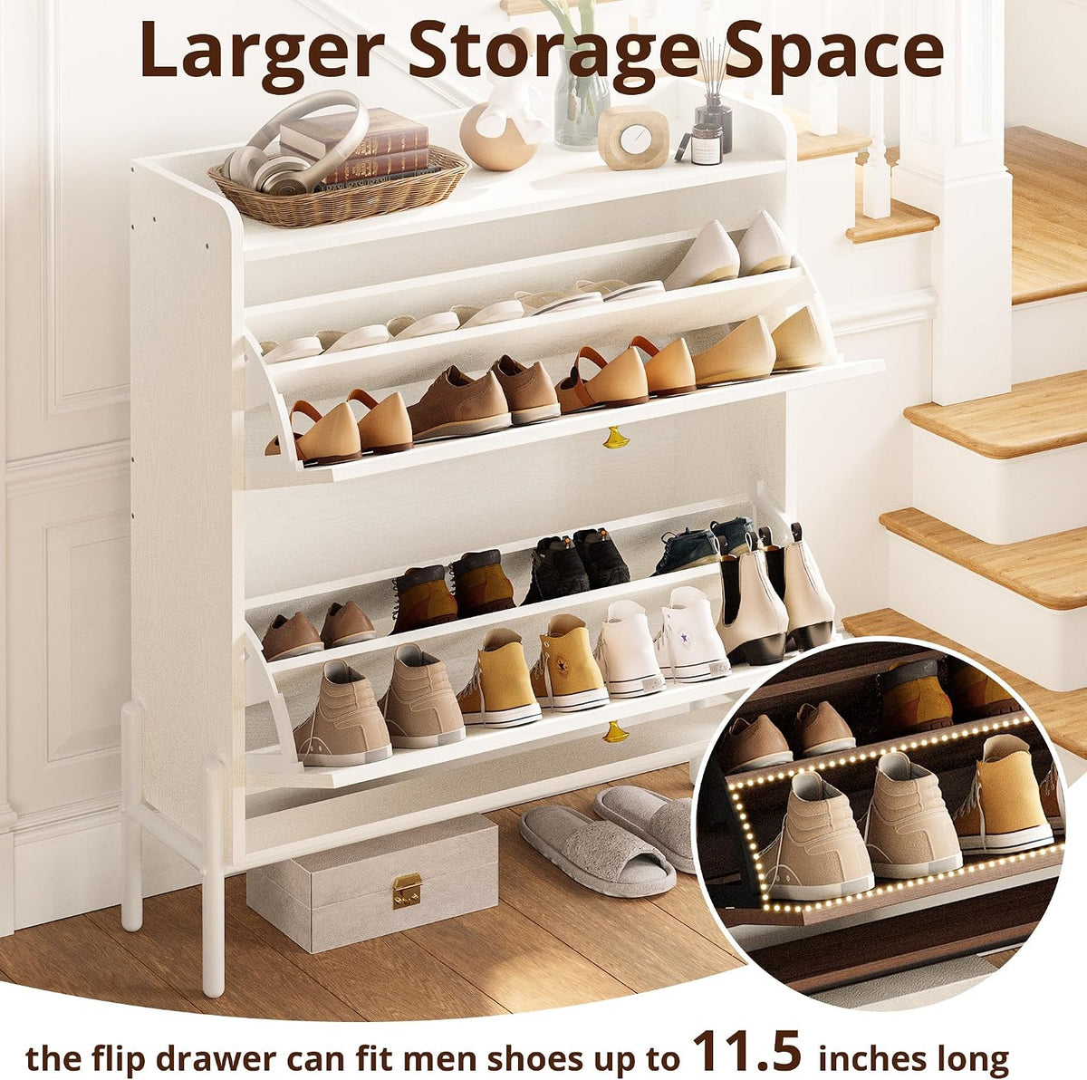 IRONCK Rattan Shoe Cabinet Storage with 2 Flip Drawers, White