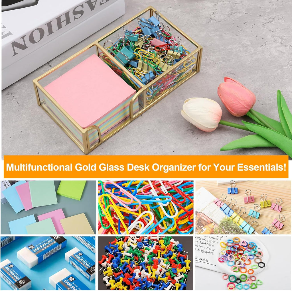 Glass Sticky Note Holder,2 Slots Gold Post It Note Dispenser for Desk,3 x 3 Inch Post It Note Holder, Stylish Sticky Note Dispenser for Home Office Desk Table Drawer