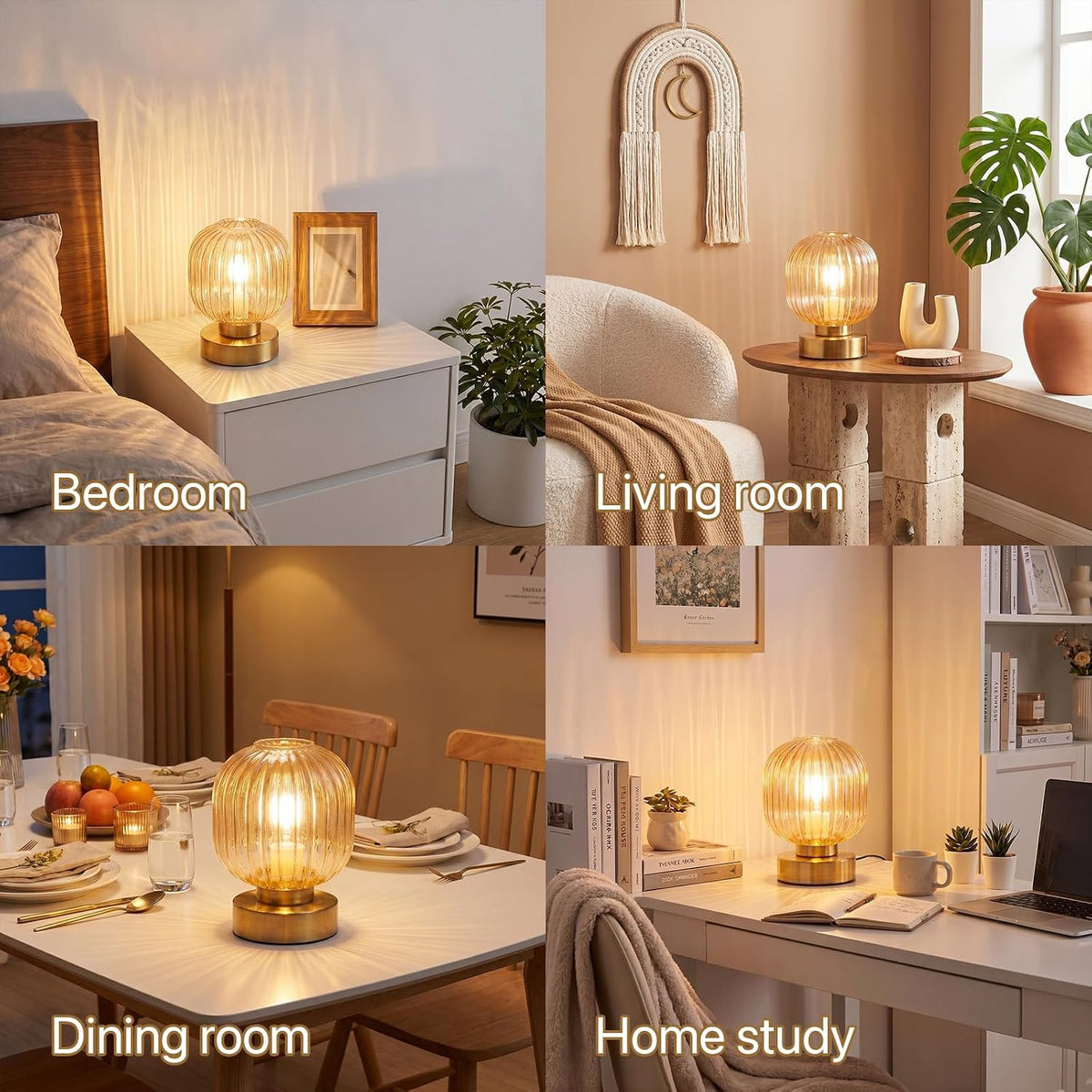 Elenhome Amber Touch Glass Table Lamp, 3-Way Dimmable Bedside Lamp, Vintage M...