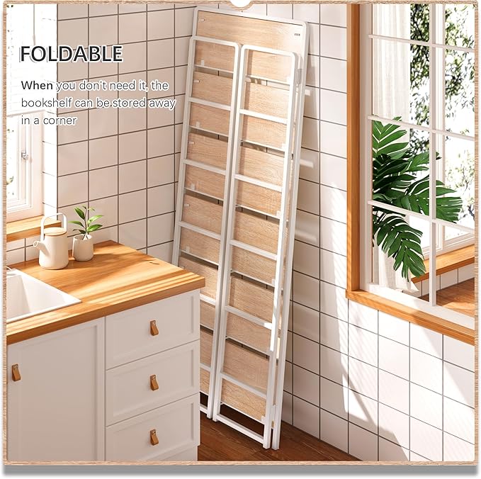 4NM No Assembly 6 Tiers Folding Bookshelf Storage Shelves Vintage Bookcase - Image 4