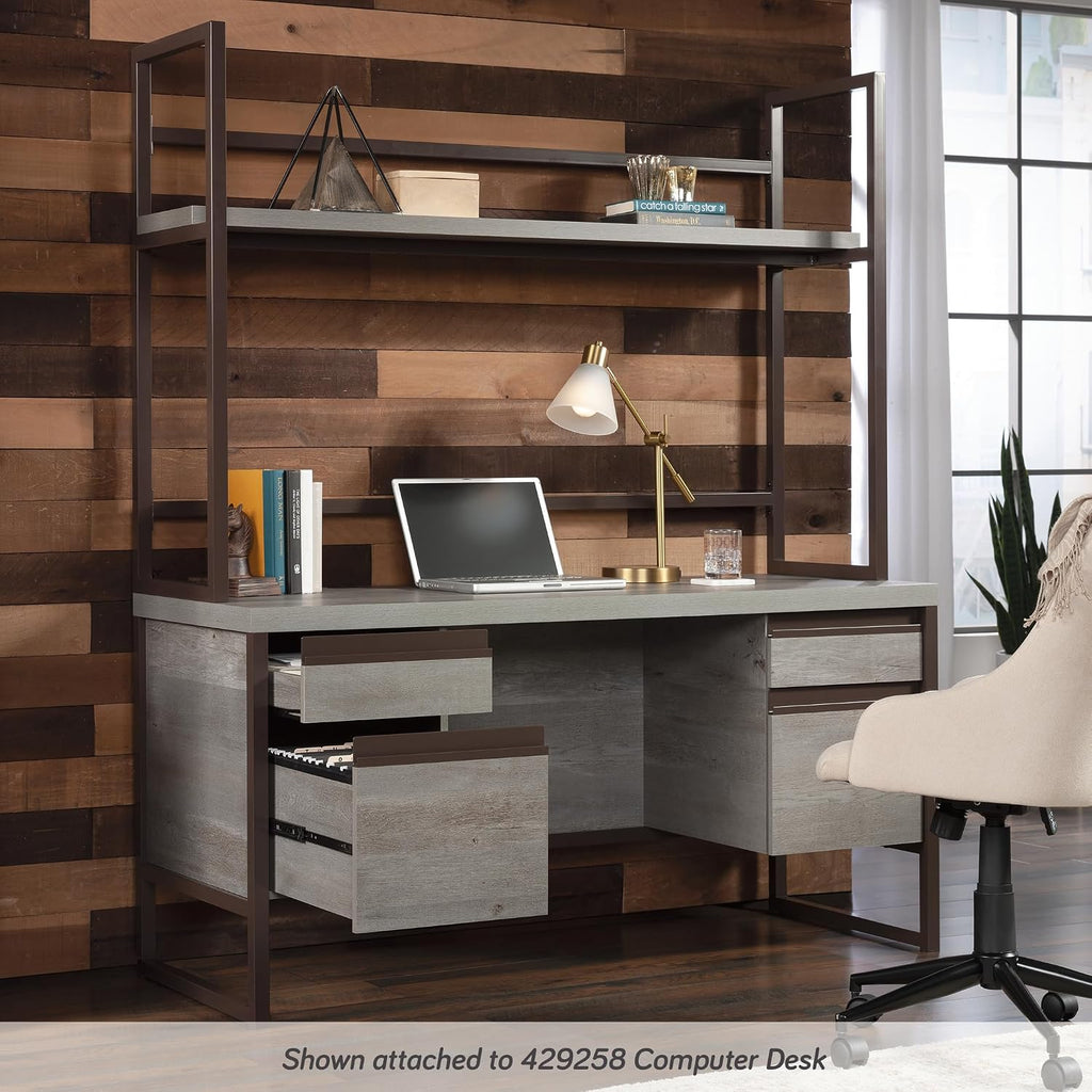 Desk Hutch with 1-Inch Thick Top, 60" Open Storage Shelf for Work Table, Metal Frame Hutch with Open Shelves, Brown & Grey