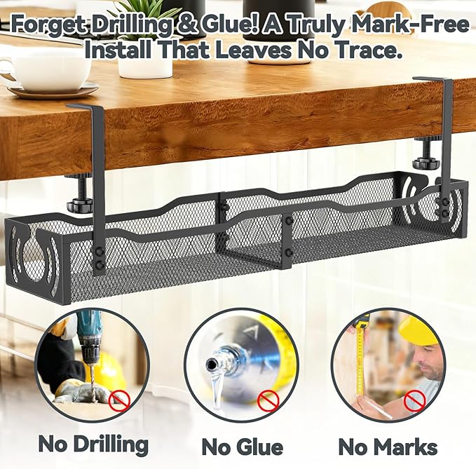 Cable Management, 25.3'' Under Desk Cable Management Tray No Drill, Metal Cable - Image 4