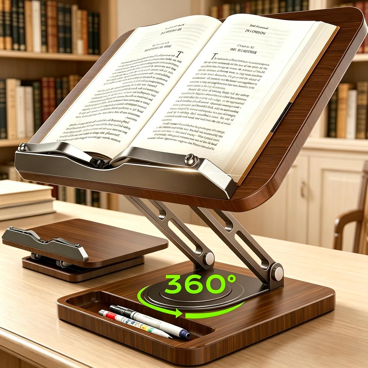 LOXP Book Stand with Storage, 360° Rotating Cookbook Stand, Ergonomic | Adjustable height angle,Hands-free, anti-slip base, Elastic Page Clips for Laptop Tablet, Foldable for Kitchen School