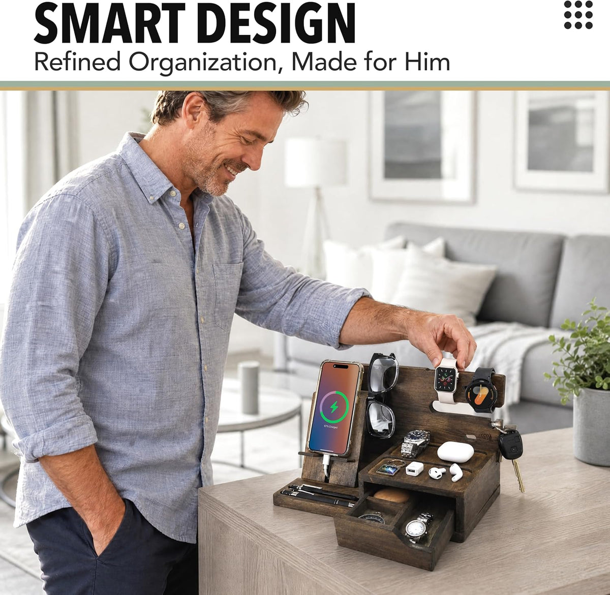 Nightstand Organizer for Men- Night Stand, Bedside or Dresser (Rustic)