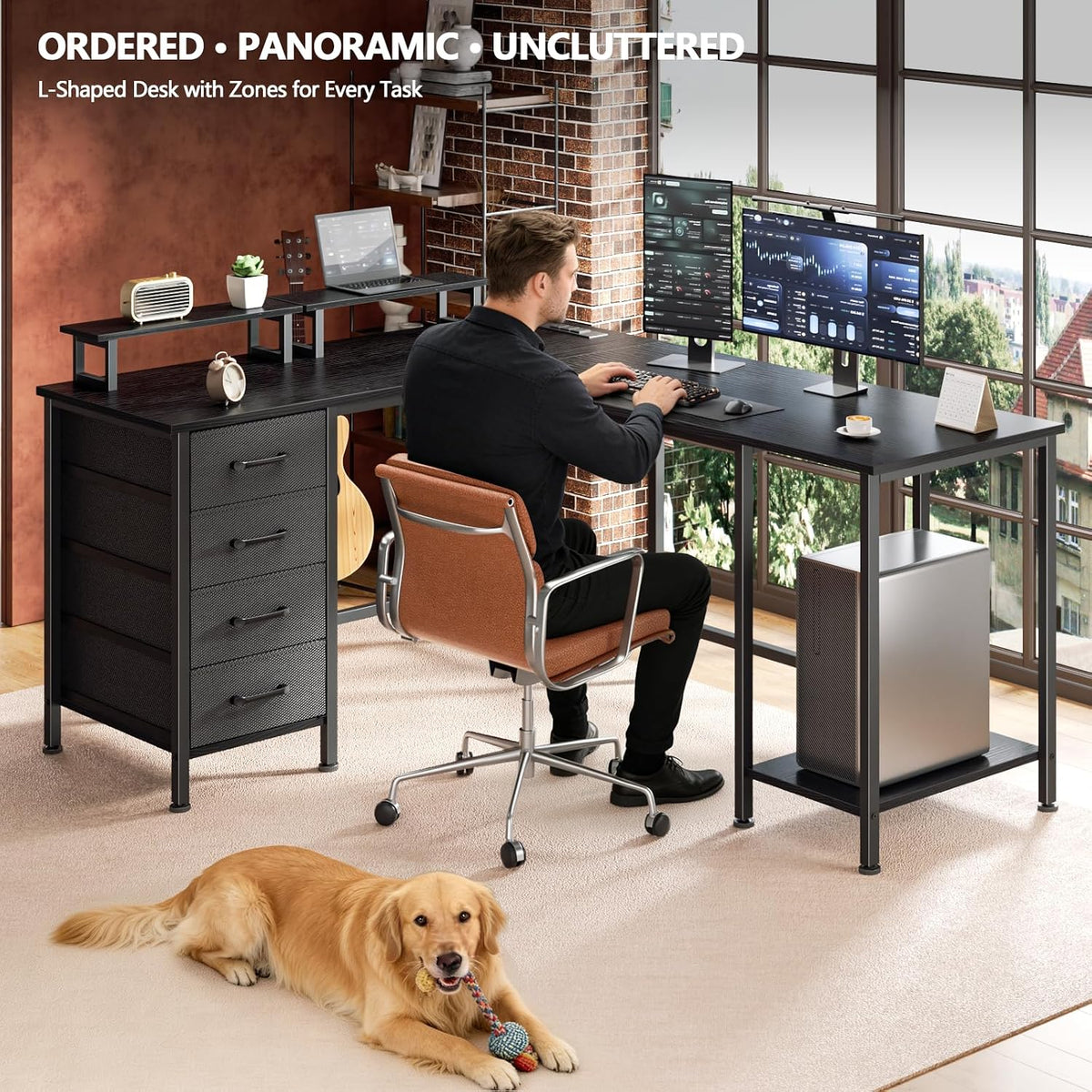 Korfile 59 inch L Shaped Computer Desk with Power Outlets, Black