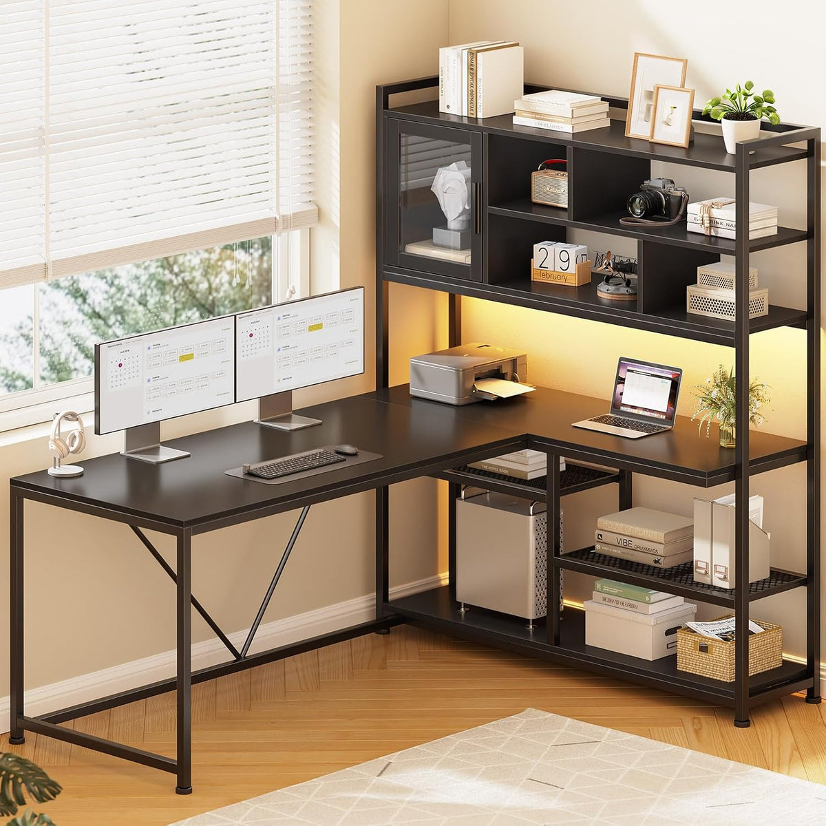 SEDETA L Shaped Computer Desk with Storage Shelves and Bookshelf, Black