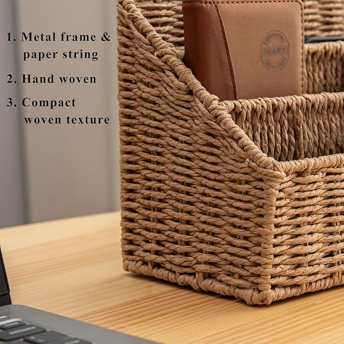 Woven Divided Storage Basket Desk Organizer Tabletop Mail Holder Countertop - Image 7
