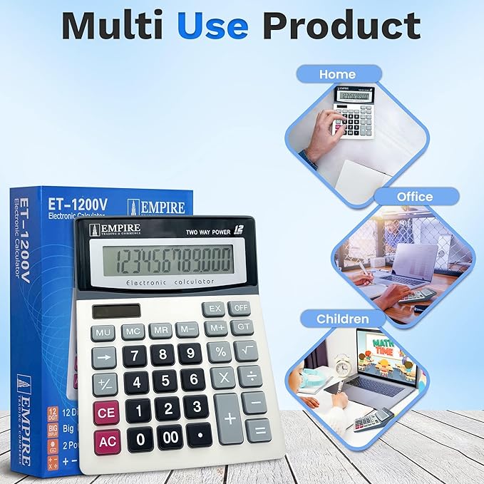 Empire Desk Calculator with Large Key Buttons, 12-Digit Large Eye-Angled Display - Image 4
