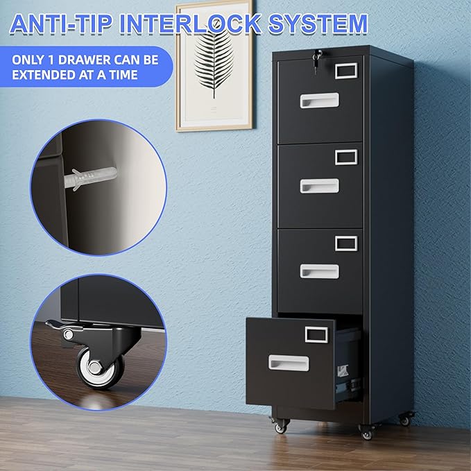 METAN 4 Drawer File Cabinet on Wheels, Lockable Metal Filing Cabinet - Image 6