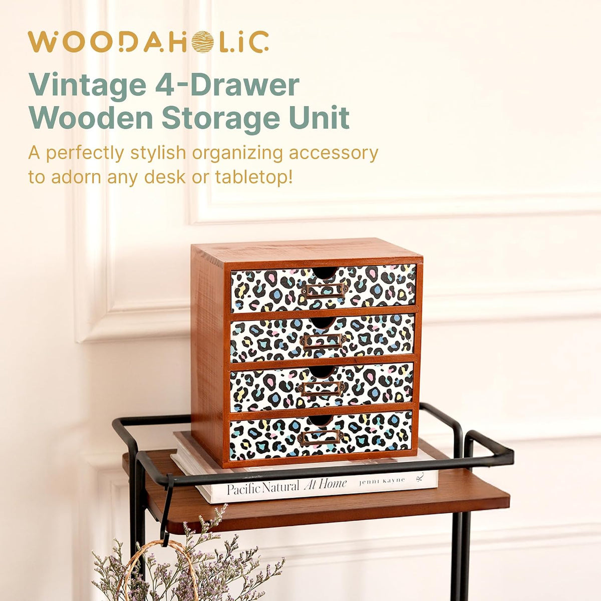 Colorful Leopard Print Wooden Desk Organizer - 4-Drawer Desktop Storage Cabin...