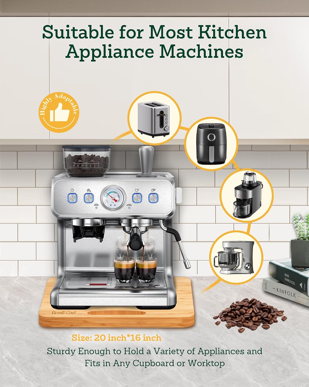 Bamboo Appliance Slider, Sliding Tray for Coffee Maker, Kitchen Countertop Ap...
