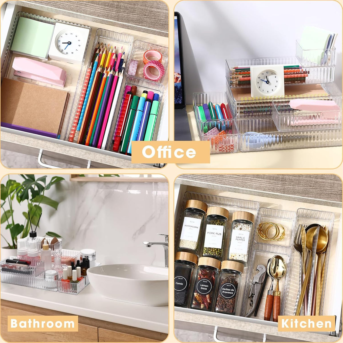Teenyyou 18 Pcs Stackable Acrylic Drawer Organizer, 4 Size, Clear, Stripes