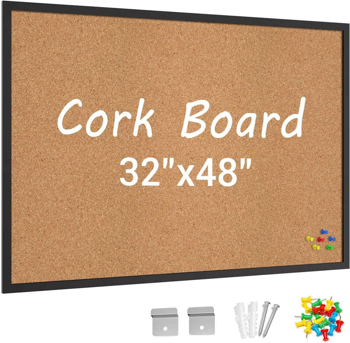 Forlogic Cork Board Bulletin Board with Black Wood Frame， 32 x 48 Large Corkb...