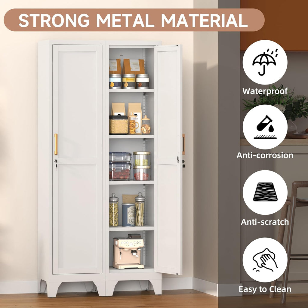 67" Tall Narrow Storage Cabinet Metal Bathroom Cabinet with Lockable and 4 Adjustable Shelve,Anti-Tip Design,Standing Pantry Cabinets Cupboard for Kitchen,Dining Room,Bathroom-Assembly Required(White)