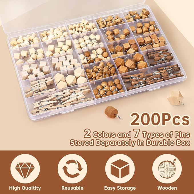 GOOLADA 200Pcs Wood Push Pins 7 Types and 2 Colors Wood Tacks Cute Push Pin - Image 3