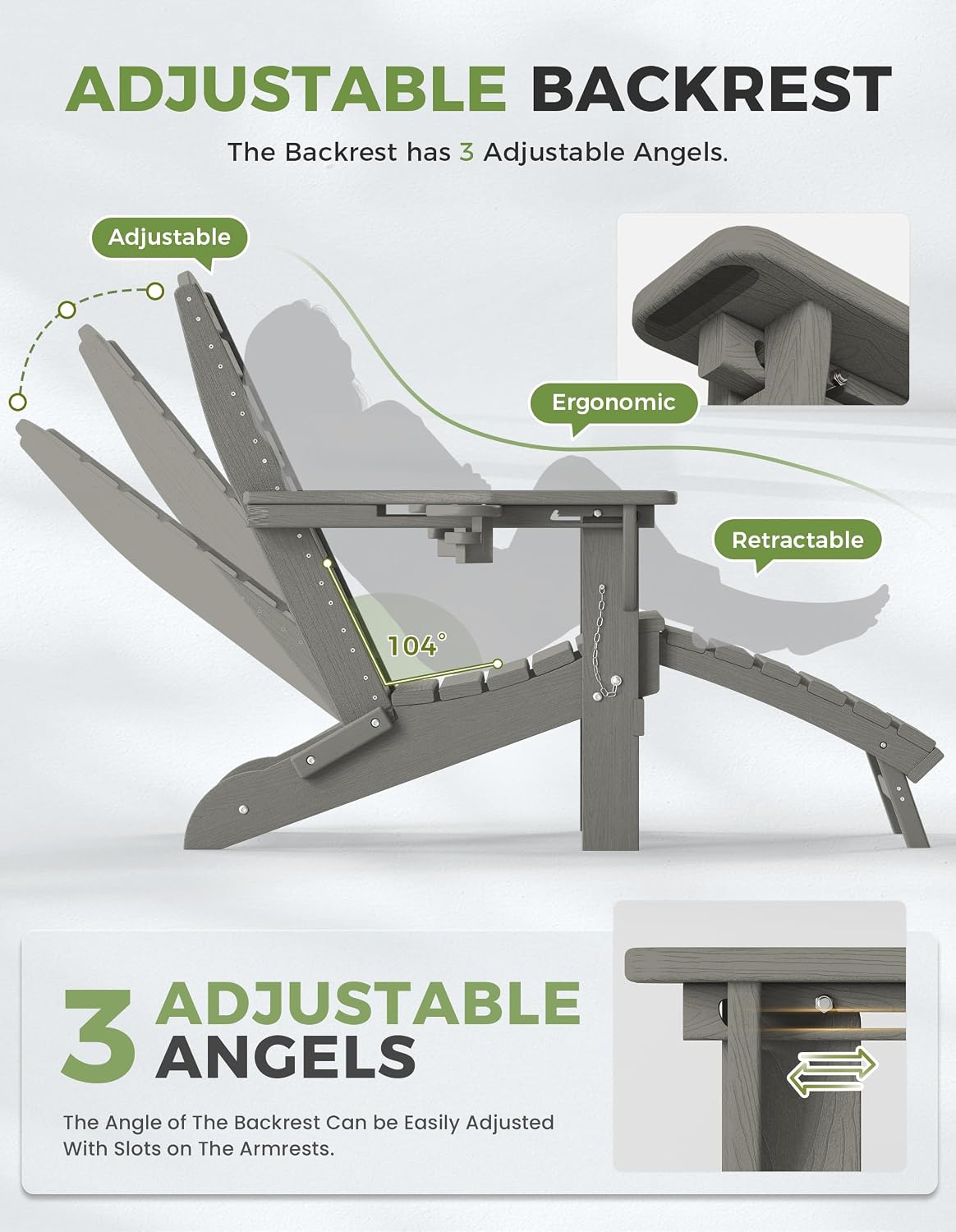 Ciokea HDPE Folding Adirondack Chair with Footrest,Grey,1