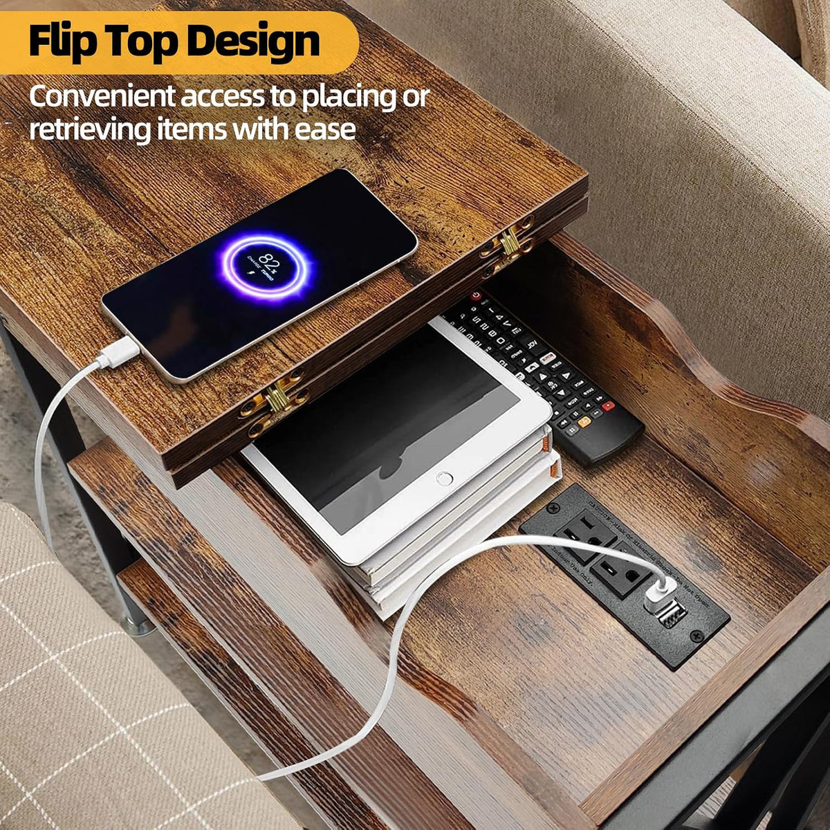 Flip Top End Table with Hidden Charging Station, 12" D x 21" W x 26...