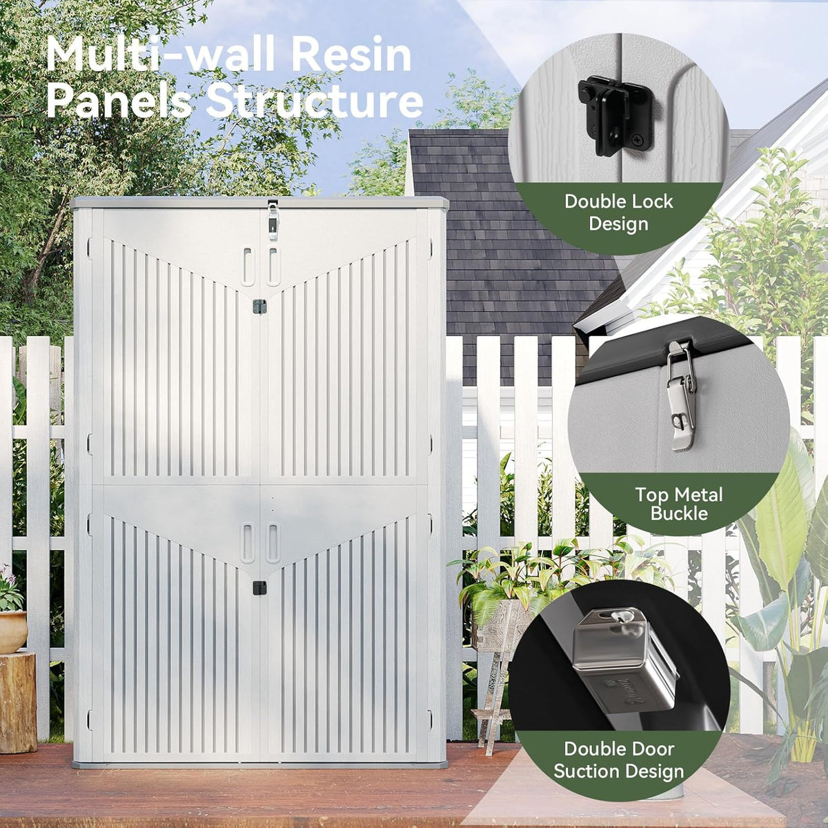 aoxun outdoor storage shed, 64 cu.ft vertical resin shown in use