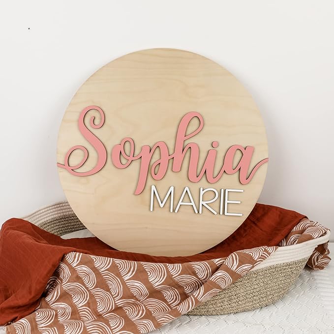 Custom Round Nursery Name Sign, Personalized Wooden Wall Plaque, Baby Shower - Image 3