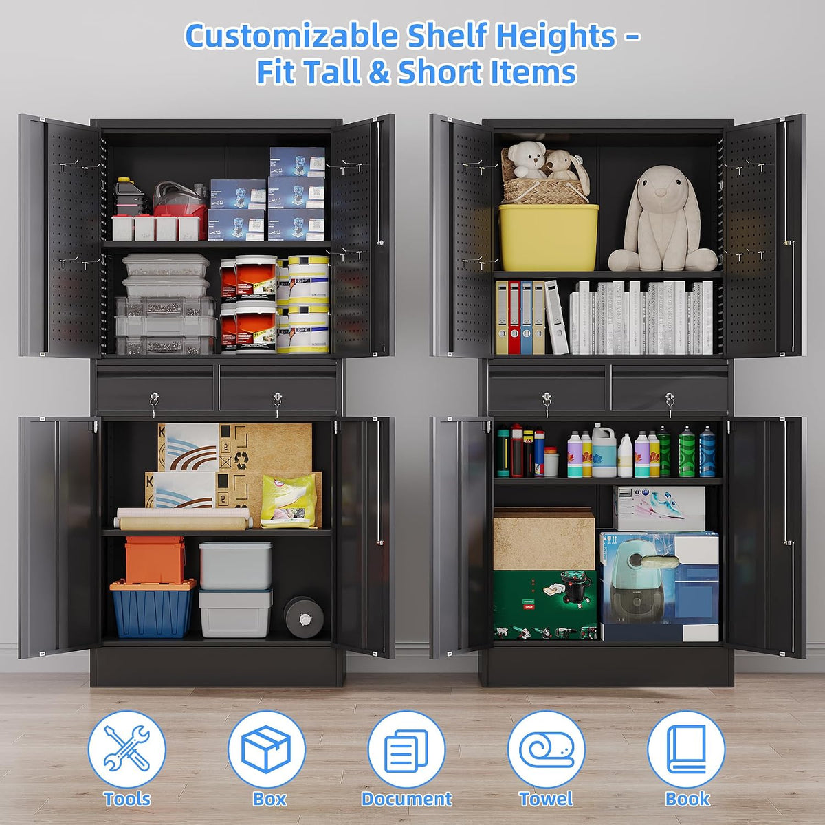 71-inch garage storage cabinet with 2 drawers, wheels showing dimensions