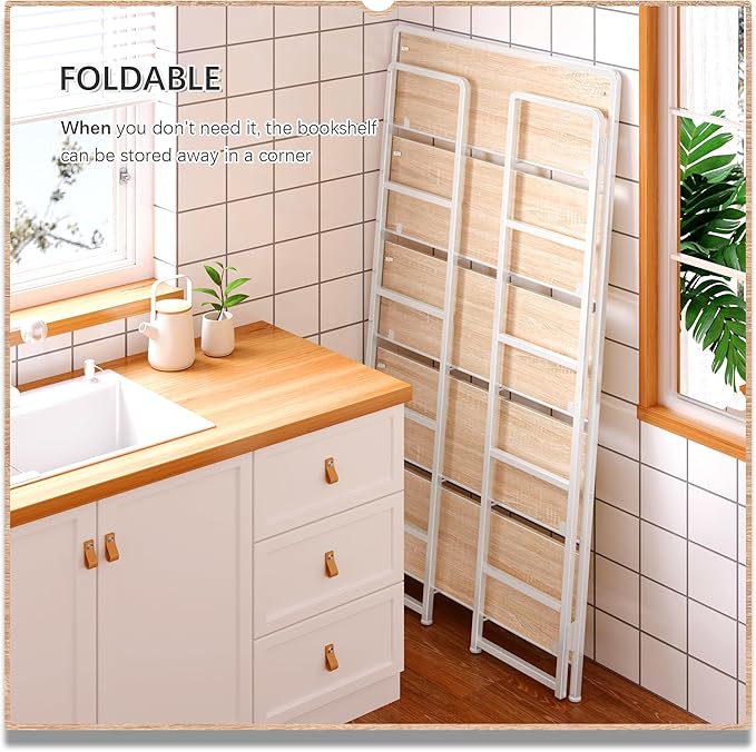 4NM No Assembly Extra Wide 5 Tiers Folding Bookshelf Storage Shelves Vintage - Image 4