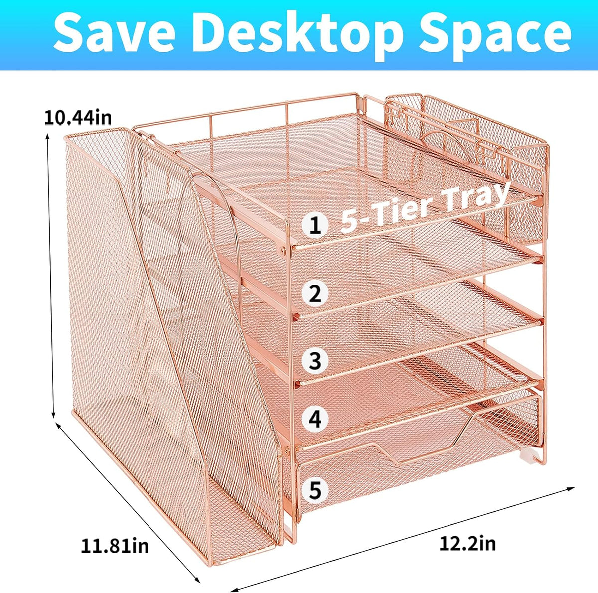 5-Tier Desk File Organizer with Drawer & Pen Holder (Rose Gold)