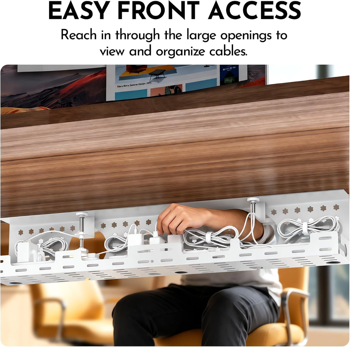 Under Desk Cable Management Tray, 32.6 in, No Drill Cable Organizer, Ivory