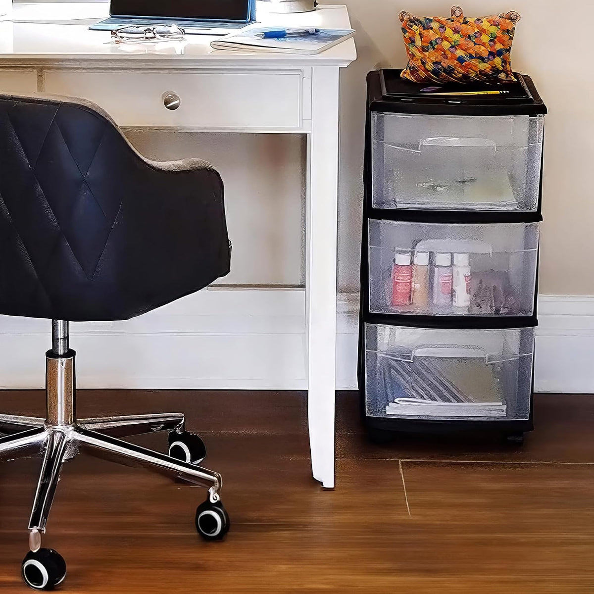 Homz 3 Drawer Plastic Storage Cart Organizer, Clear Drawers, Black Frame