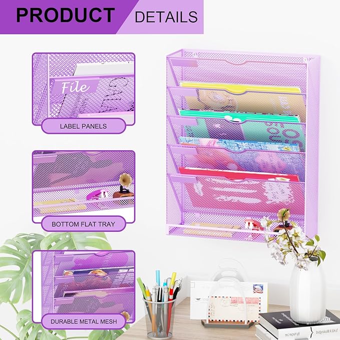 GDINDINFAN Hanging Wall File Organizer 6 Tier Wall Mounted Mail Paper Folder - Image 4