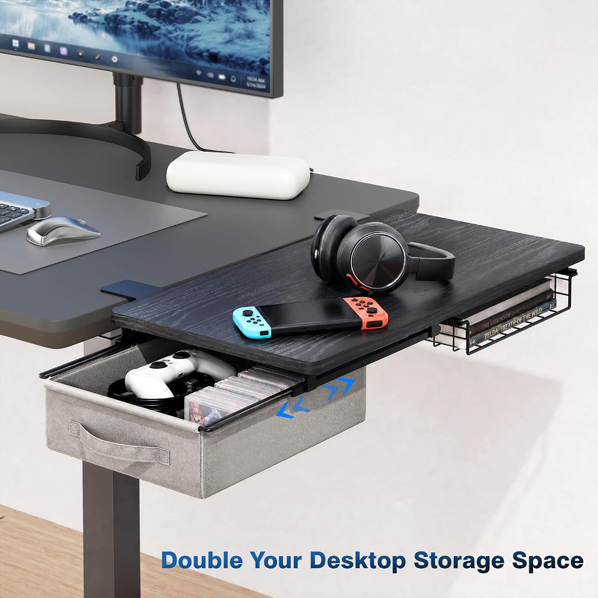 Desk Extender Tray, Clamp On Desk Shelf with Exchangeable 2 Drawers, Grey