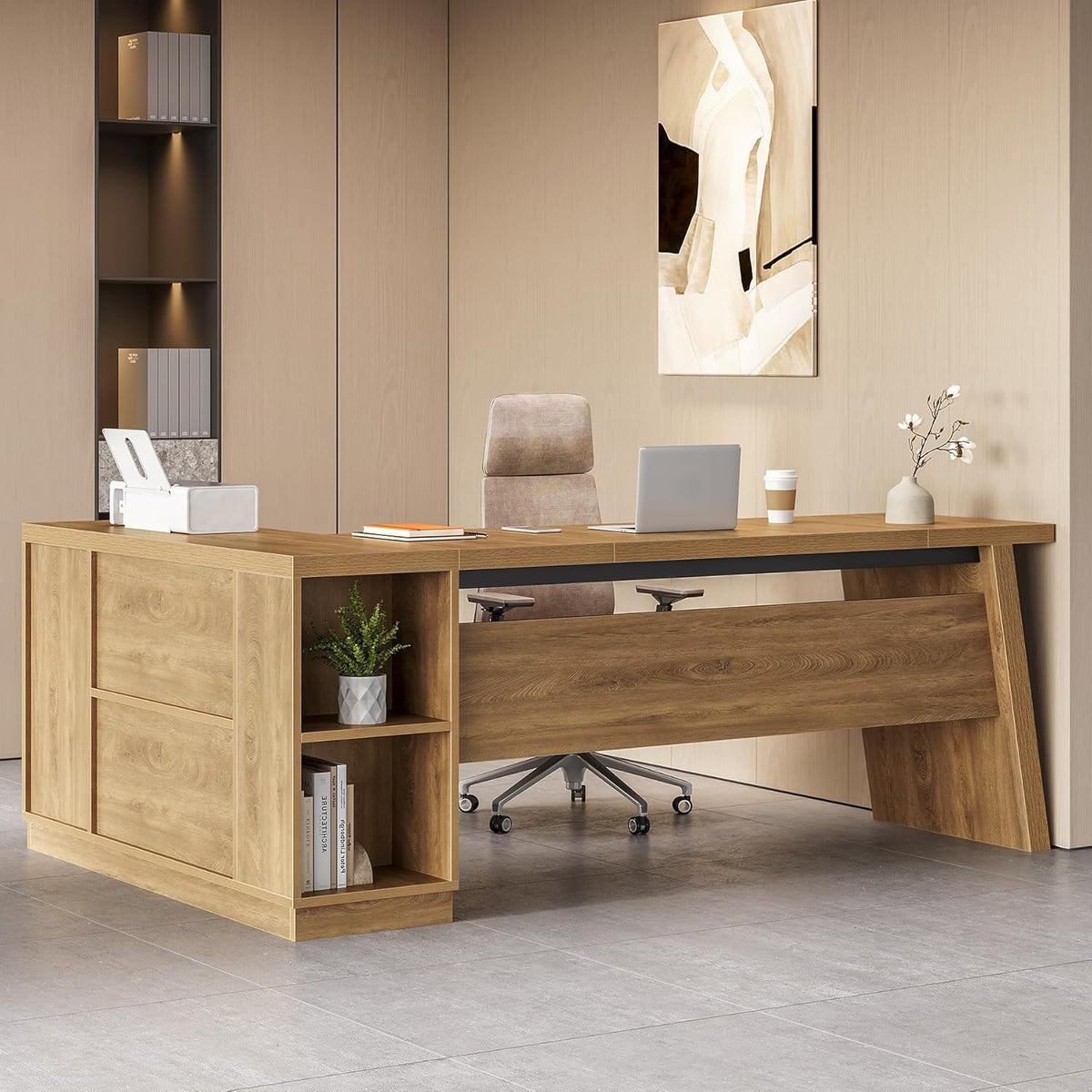 LITTLE TREE 78-Inch L-Shaped Executive Desk, Modern Desk with Drawers & F...