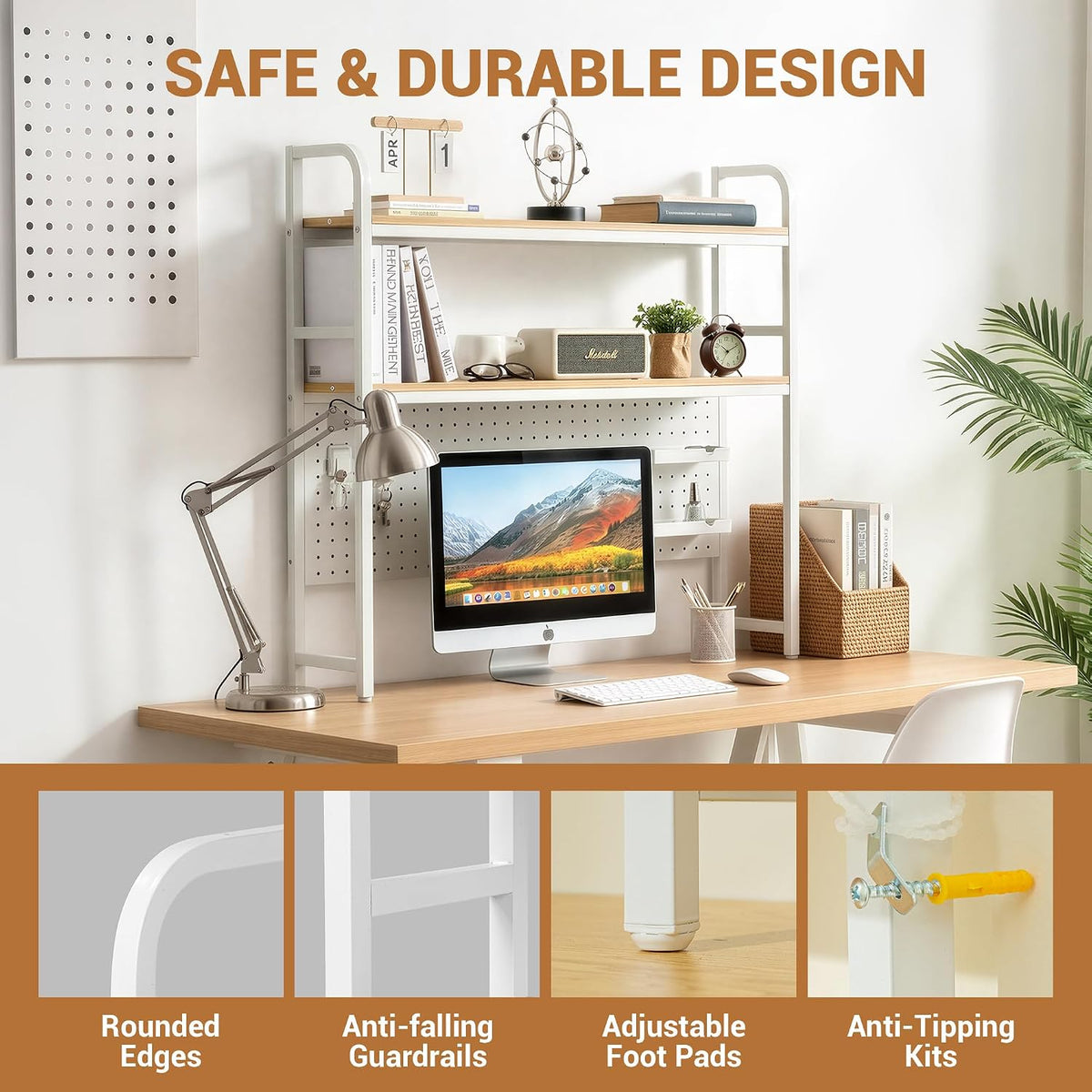 deli Desktop Shelf, Desk Hutch with Metal Pegboard, White