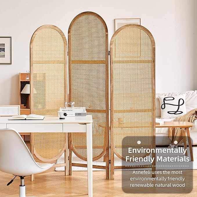 Asnefeli Room Divider 3 Panels, Hand-Woven Rattan Room Divider Wall, Foldable - Image 3